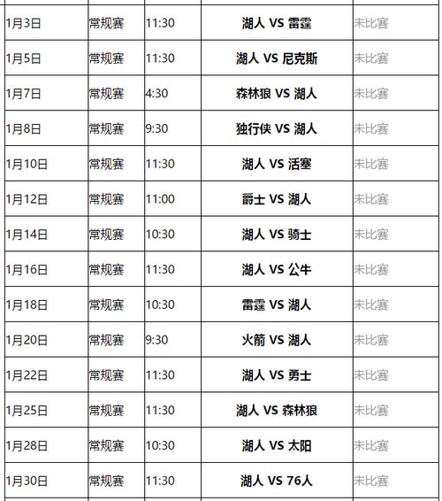 湖人队赛程表中文